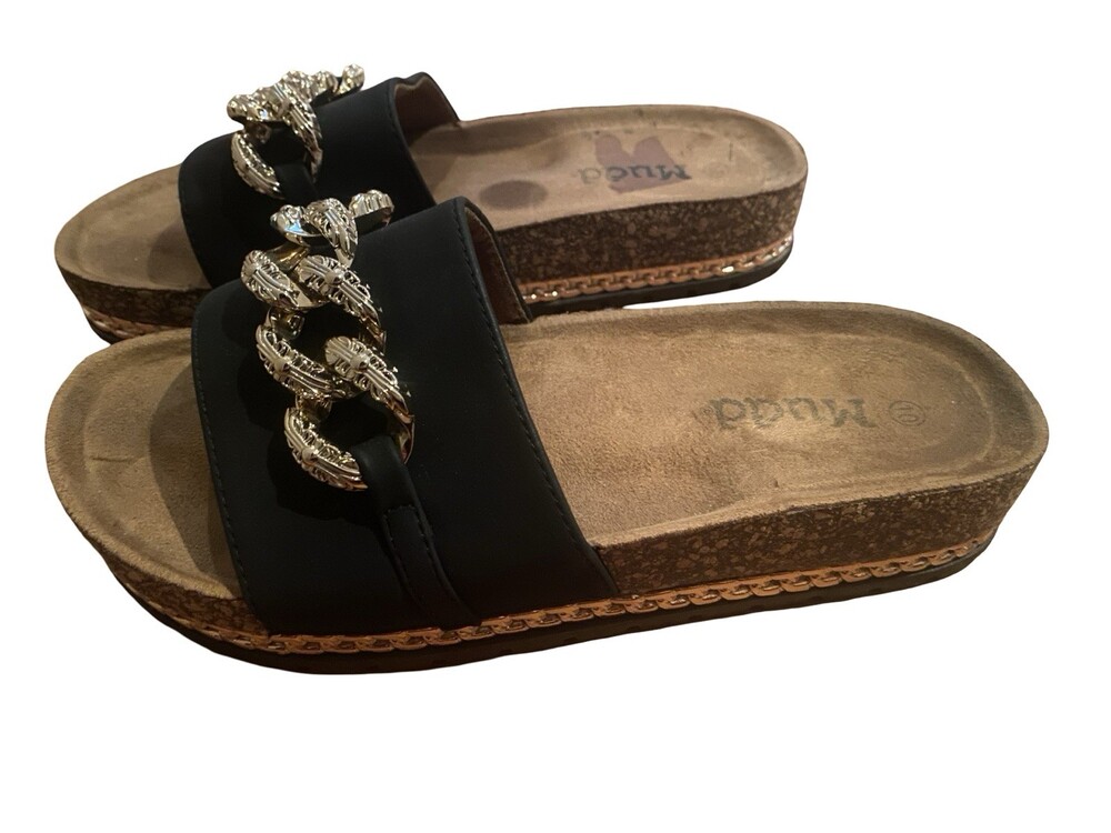 MUDD Black With Gold Chain/Trim Slide Sandals Size 41 (Women’s 9.5-10)